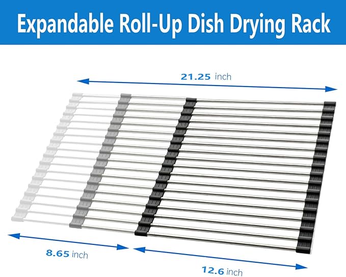 Expandable Roll Up Dish Drying Rack Over The Sink Rack, Large Dish Drainer Rack for Stainless Steel Sinks, Non-Slip Silicone Collapsible Rack 18 Tube for Kitchen,Sliver