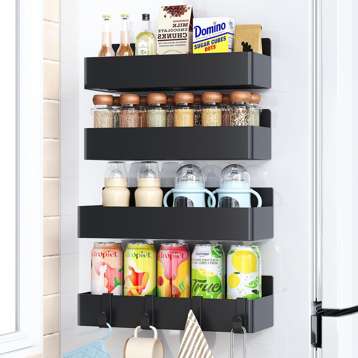 Magnetic Spice Rack for Refrigerator Black, 4 Pack