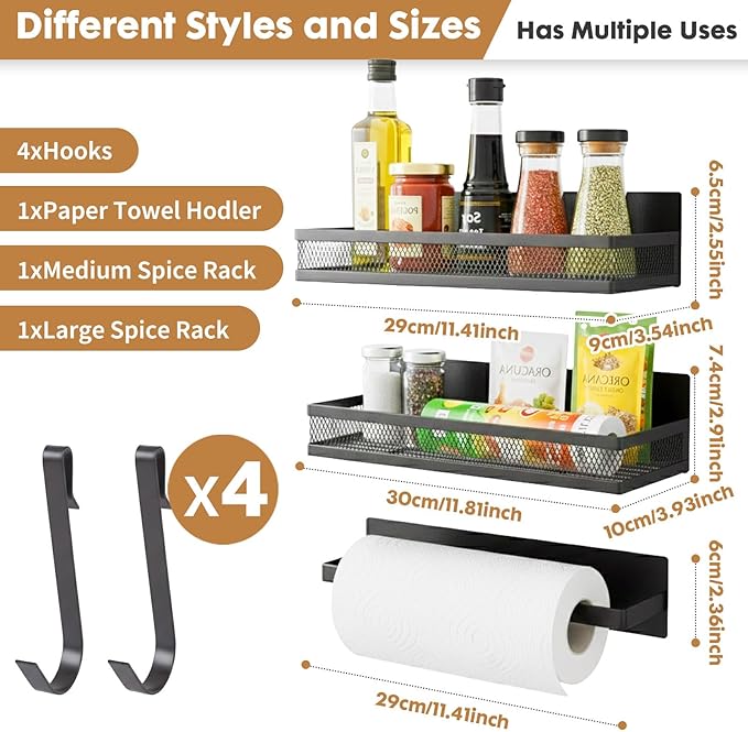 3 Pack Magnetic Spice Rack for Refrigerator,Fridge Magnet Organizer with Moveable 4 Hooks, Include Paper Towel Holder,Magnetic Shelves for Kitchen Organization and Storage