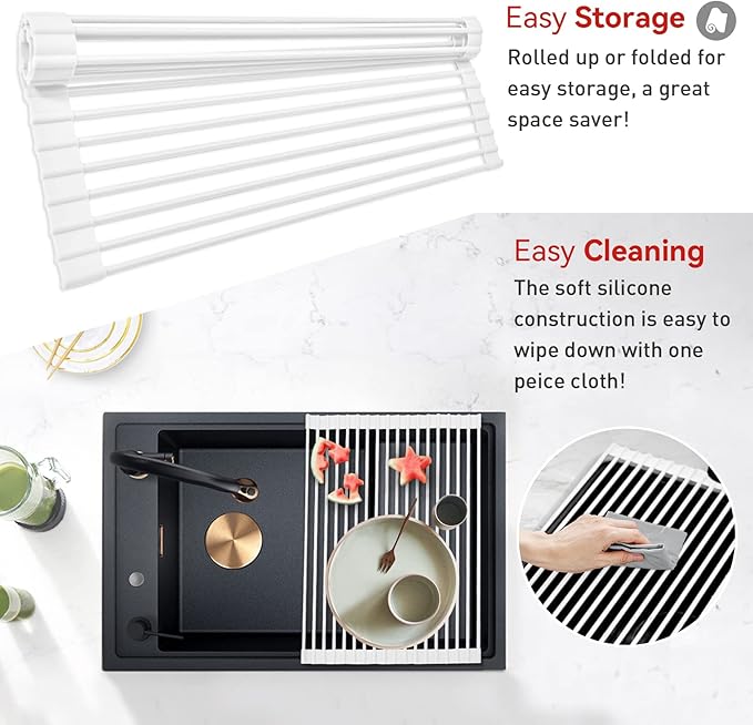 MERRYBOX Roll Up Dish Drying Rack, Silicone Wrapped Over The Sink Dish Rack Foldable Dish Drainer Anti-Slip Dish Racks for Kitchen Counter, Multipurpose Kitchen Sink Drying Rack, 18" x 13", White
