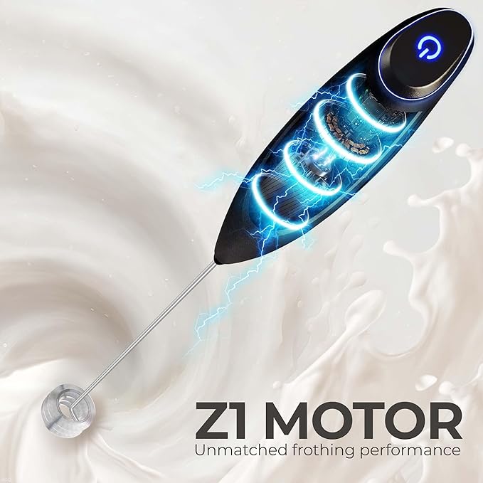 Zulay Kitchen Powerful Milk Frother Wand With Duracell Batteries - Ultra Fast Handheld Drink Mixer - Electric Whisk Foam Maker for Coffee, Lattes, Cappuccino & Matcha - Triple Whisk - Midnight Elite