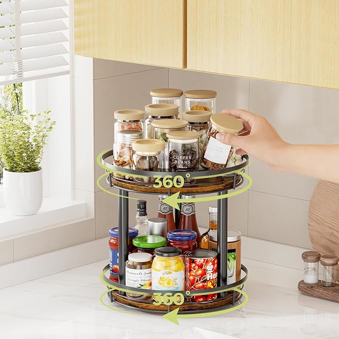 LAMU 12'' Wood Lazy Susan Spice Rack Organizer, 2 Tier Spice Organization for Cabinet, Countertop, Kitchen, Table Top, Pantry, Condiment and Seasoning Rack Organizer