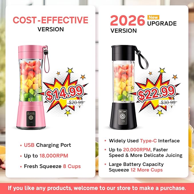 Portable Blender Personal Size Blender - 12 Oz BPA Free Travel Cup Make Smoothies and Shakes, Cordless USB Rechargeable, Lightweight Suit in Travel/Gym/Office