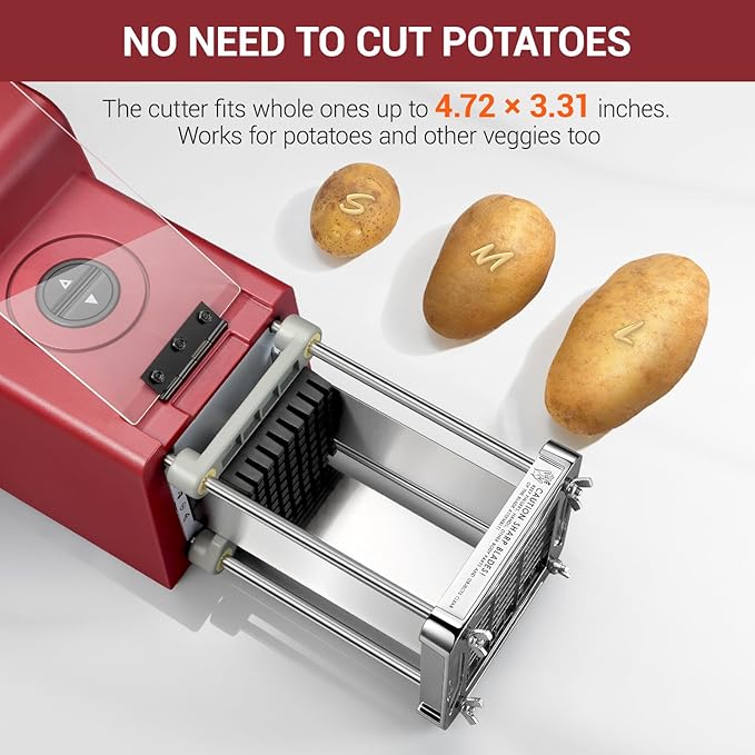 Sopito French Fry Cutter Electric Vegetable Slicer Stainless Steel with 3 Blades 1/4 3/8 1/2 Inch for Potatoes, Carrots, Cucumbers & Onions, Red