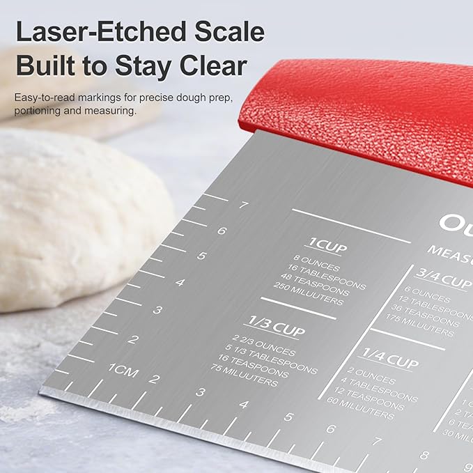 Ourokhome 2 Pack Bench Scraper Dough Cutter, Stainless Steel Dough Scraper with Laser-Etched Scale, Conversion Chart, Non-Slip Handle, Dishwasher Safe for Bread & Pastry, Red