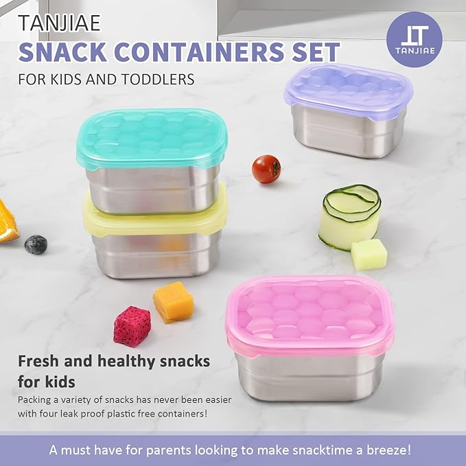 Tanjiae 8oz Small (1 CUP) Stainless Steel Snack Containers for Kids and Toddlers (Ages 1-3) | Easy Open Leak Proof Food Containers with Silicone Lids - Perfect Metal Lunch Box for Daycare and School