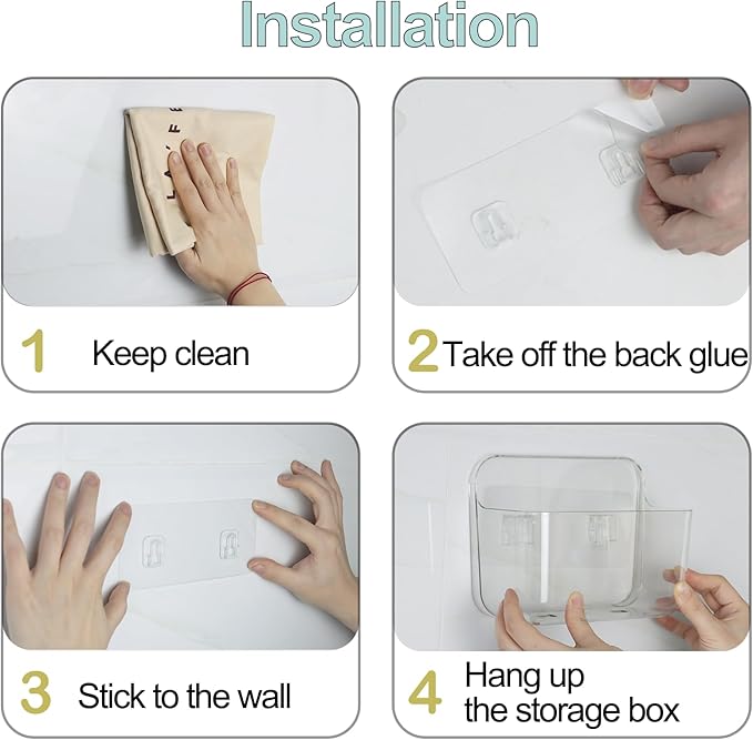 Wall Mounted Storage Organizer Bins Organizing Shelf Basket Clear Plastic Makeup Organizer Adhesive Hanging Bin Fridge Organizer for Bathroom,Kitchen,Cabinet,Pantry,Countertops (L(7×3.9×5.5"))