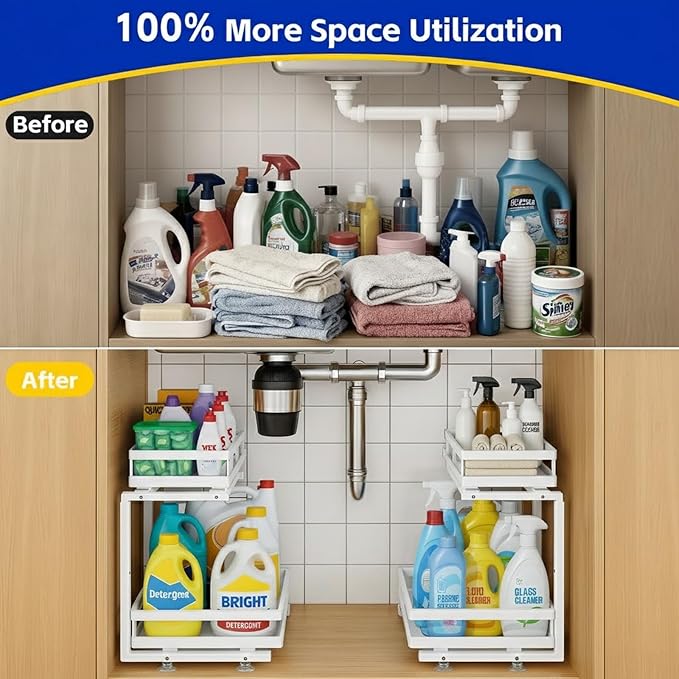 Under Sink Organizer, Dual-Rail Ball-Bearing, Under Kitchen Sink Organizer, 6-Level Adjustable, Under Cabinet Organizer, No-Drill Adhesive/Suction, Under Sink Storage (White, Double Layer - 2 Pack)