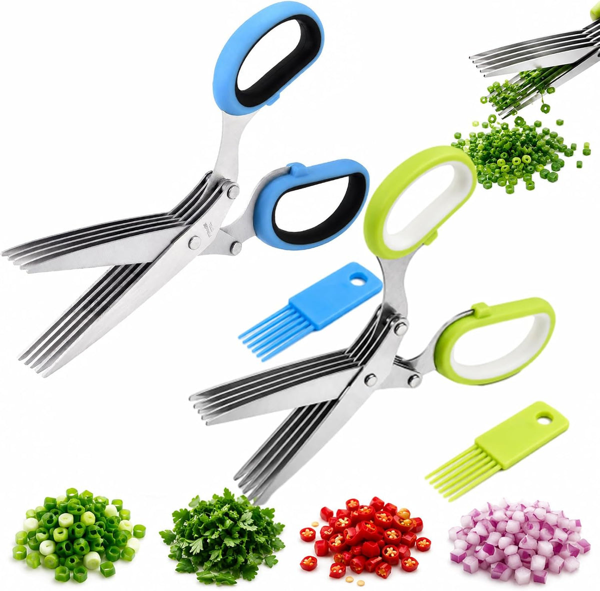 5-Layer Vegetable Shears, Multipurpose 5 Blade Scissors，Green+Blue