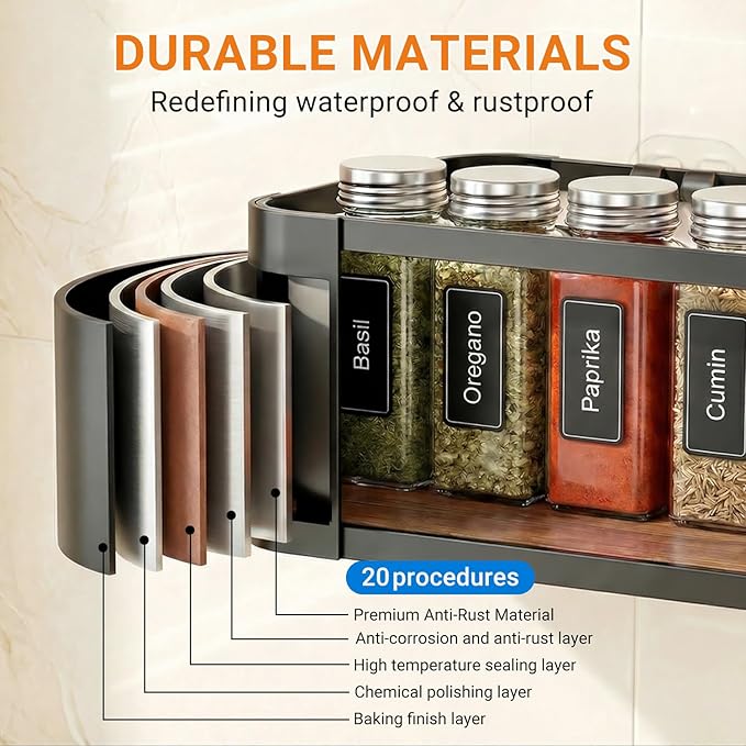 2 Pack Wall Mounted Spice Rack with 2 Hooks, Spice Organizer Shelf for Stove Cabinet Pantry Door, Screw or Adhesive Spice Shelf Hanging Wall Spice Rack in Kitchen and RV (Black, 2 Pack)