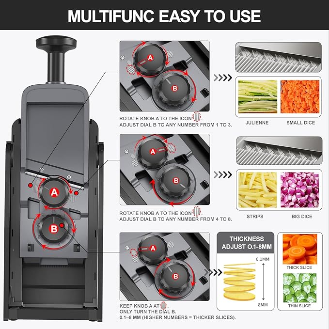 8 in 1 Mandoline Slicer for Kitchen, Vegetable Chopper, Potato Slicer, Fry Cutter Onion Chopper with Drain Basket Food Container with Lid, Stainless Steel Cheese Grater for Quick Meal Pre (Black)