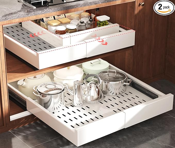 Seinloes Pull Out Cabinet Organizer,4-Side Expandable to Maximize Cabinet Space,Slide Out Drawers with 3 Rail Design,Roll Out Shelf with Raising Pad for Framed Cabinet,13"-21"W x 17"-24"D,White,2 Pack