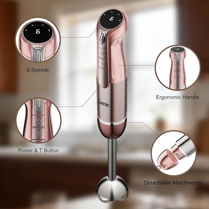 Camic Hand Blender, Cordless Immersion Blender with 6 Speeds, 4 in 1 Portable Mixer Electric Handheld Mixer with Blender, Chopper, Whisk, Frother for Soup, Smoothies, Baby Food and Puree (Champagne)