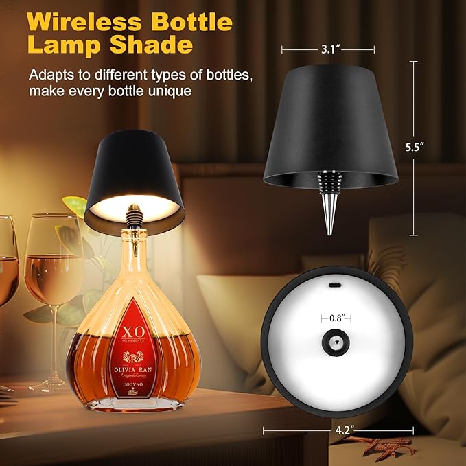 Wireless Bottle Lamp, 2025 New 3 Color Rechargeable Wine Bottle Lights for Bars Restaurants (Black, 1PC)