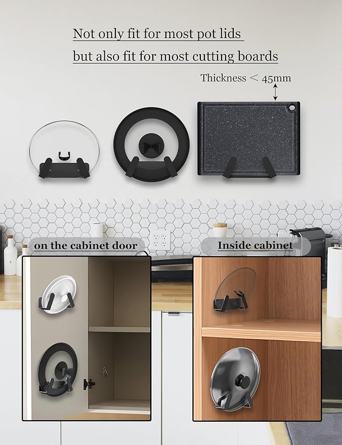 Pot Lid Organizer, 2 Pack Lid Holders Inside Cabinet, Wall Mount Rack Fit for Cutting Board, Fixed by Adhesive or Screw (Black)