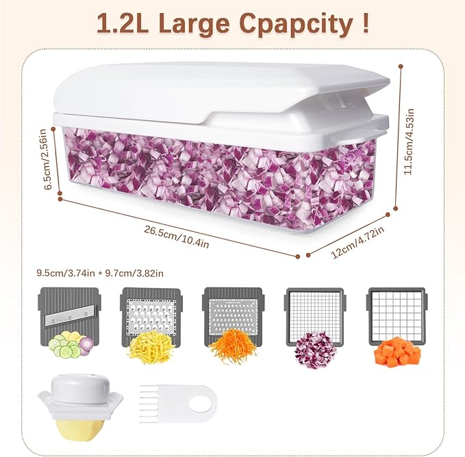 LHS Professional Multifunctional Vegetable Chopper Pro Food Chopper with Food Storage Containers, Mandoline Slicer Onion Dicer Fruit Cutter, Kitchen Gadgets and Home Essentials(7 in 1, White)