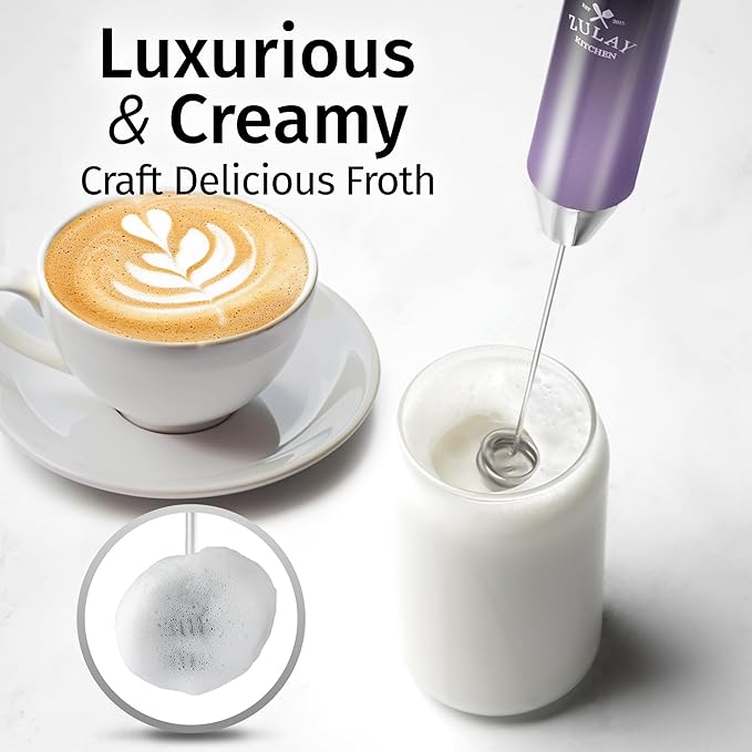 Zulay Kitchen Rechargeable Milk Frother Handheld - Frother Wand, Drink Mixer, Electric Whisk Frother, for Cappuccinos, Matcha & Protein Powder - Lux 4 Whisk 2 Speed Waterproof 2000mAh Black Purple