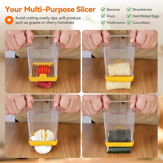 Fruit Slicer Cup for Strawberry, Banana, Hard-Boiled Egg - Detachable Cutter with Push Plate - Rapid & Safe Slicing Kitchen Gadget for Quick Meal Prep (Yellow)