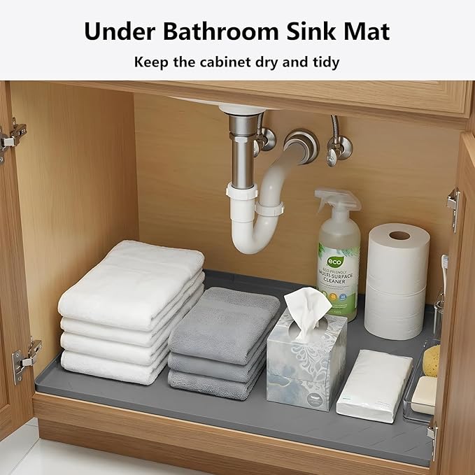 Mateeylife Under Sink Mats for Kitchen Waterproof 28"X19", Undersink Protectors，Silicone Mat Cabinet Liner, Under Sink Organizer for Bathroom and Kitchen，Boot Tray Pet Food Mat, Dark Grey