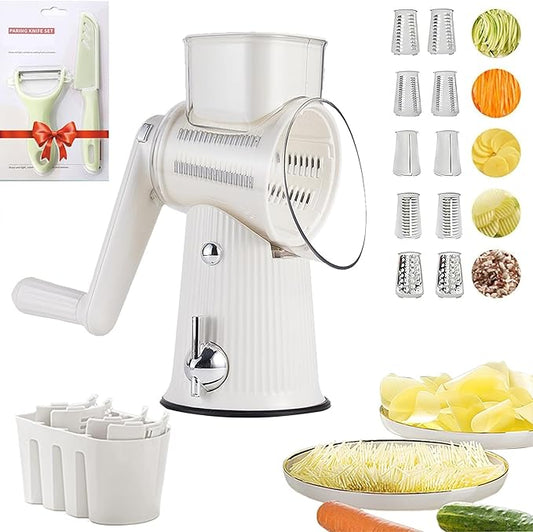 5 In 1 Rotary Cheese Grater Vegetable Slicer for Kitchen, Carrot Shredder Tool-Food Shredders with 5 Sets Interchangeable Blades And Strong Suction Base (White)
