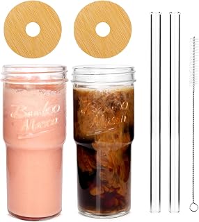 Glass Cups With Lids And Straws, Leakproof Tumbler 24oz Mason Jar Coffee Cup, Cap Cup Leak-Proof with Straw, Reusable Iced Coffee Smoothie Matcha Cup Aesthetic Coffee Gifts Women 2pc