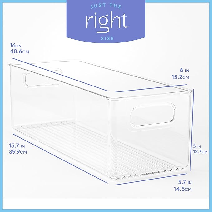primebox Plastic Food Storage 4 Pack Clear Container Bin with Handles for Organizing Kitchen, Pantry, Refrigerator, Freezer, Pantry, Cabinet, Closet, Bathroom. 16”x6”x5”