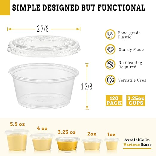 VITEVER [120 Sets - 3.25 oz ] Portion Cups With Lids, Small Plastic Containers with Lids, Airtight and Stackable Souffle Cups, Jello Shot Cups, Sauce Cups, Condiment Cups for Lunch, Party, Trips