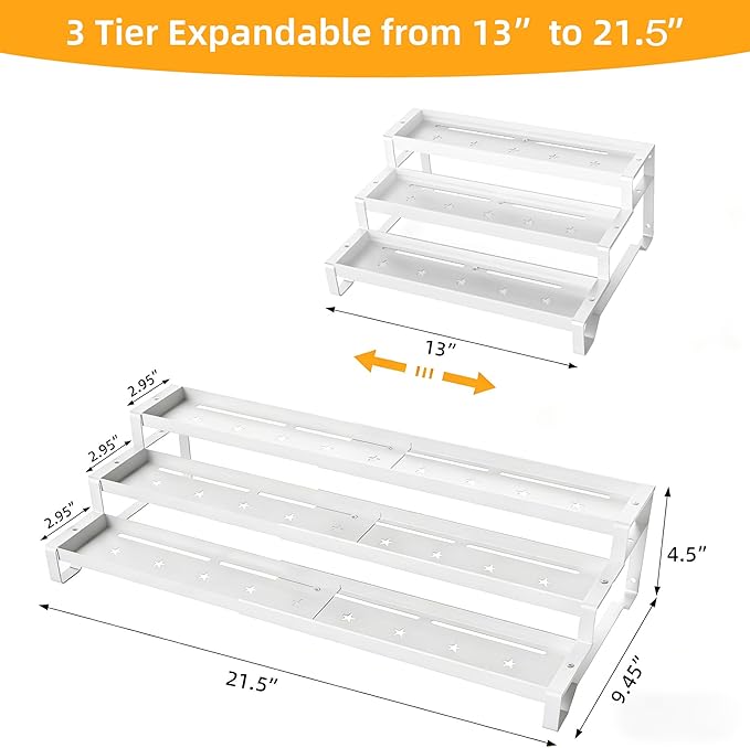 3-Tier Spice Rack Organizer, 13"-21.5" Expandable Spice Organization Shelf, Metal Seasoning Organizer for Kitchen Countertop or Pantry, Slip-Resistant Design for Jars and Bottles, White