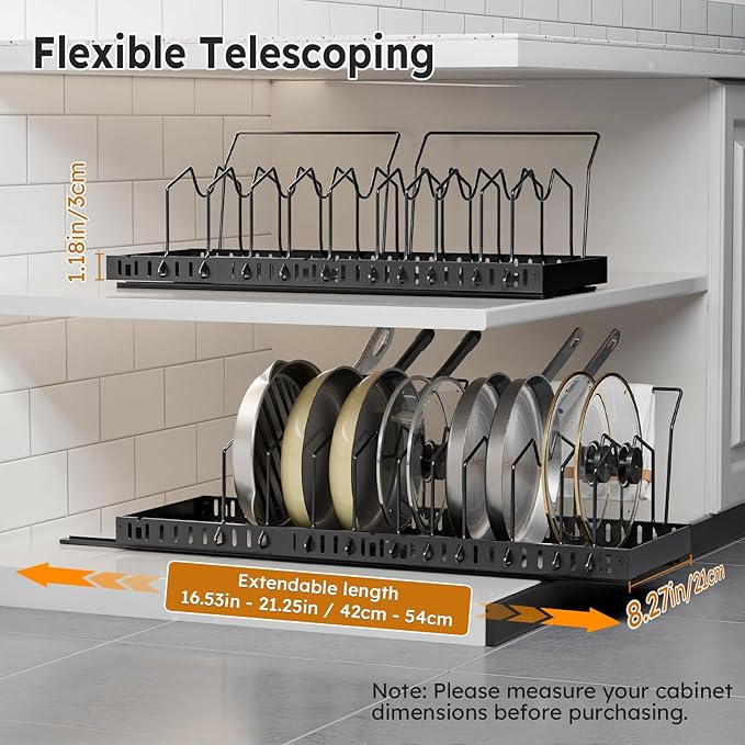 DTUQYX 2 Pack Pots and Pans Organizer Under Cabinet - Pull Out Pot and Pan Organizer Expandable Pot and Pan Lid Organizer with 10 Adjustable Dividers for Pot, Lid, Cutting Board, Dishes, Baking Tray