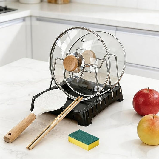 Adjustable Pot Lid Holder with Drip Tray, 2 in 1 Pot Lid Organizer & Spoon Rest