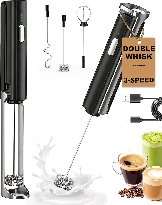 3-Speed Rechargeable Milk Frother Handheld with Stand & 3 Whisks, Dual Coil Whisk Coffee Frother Handheld - Electric Frother Wand for Coffee Matcha Cappuccino, Kitchen Gift Set, Black