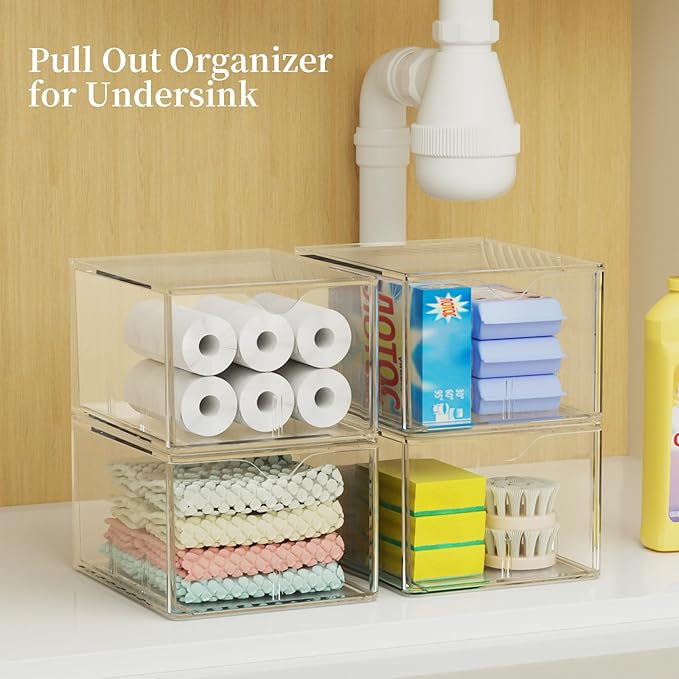 4 PCS Clear Stackable Storage Drawers with Adjustable Dividers, 6 Compartments Large Tea Bag Organizers, Acrylic Food Storage Bins for Pantry, Kitchen Cabinet, Fridge, Sugar & Spice Packets, Snacks