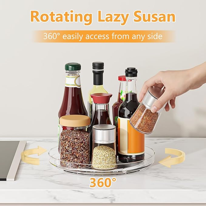4 Pack Clear Lazy Susan, 9+10 Inch Turntable Organizer, Non-Skid Rotating Tray for Cabinet, Kitchen Pantry Organization and Storage, Acrylic Spinner for Refrigerator, Bathroom Vanity and Spice Rack