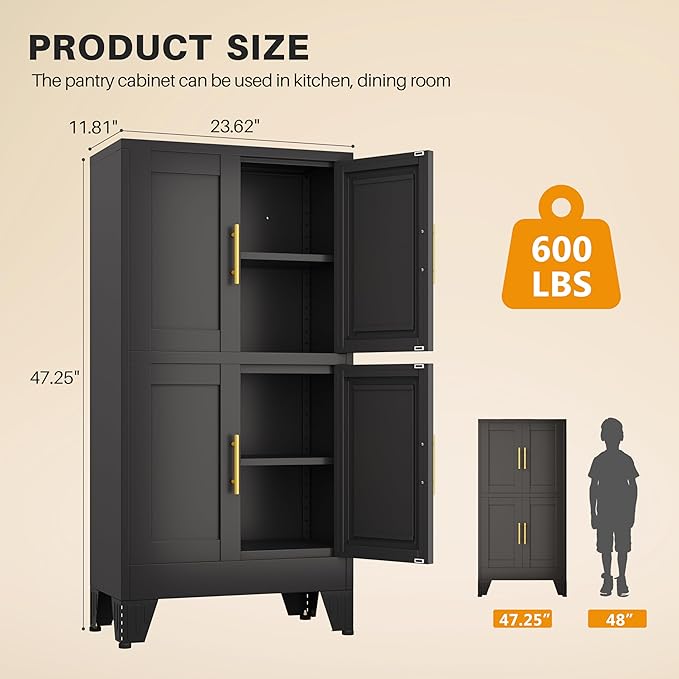 winiowa 47" Tall Kitchen Pantry Cabinet, Metal Storage Cabinet with Doors and Adjustable Shelves, Black Freestanding Pantry Cabinet for Kitchen, Dining Room, Living Room, Laundry Room, Bathroom