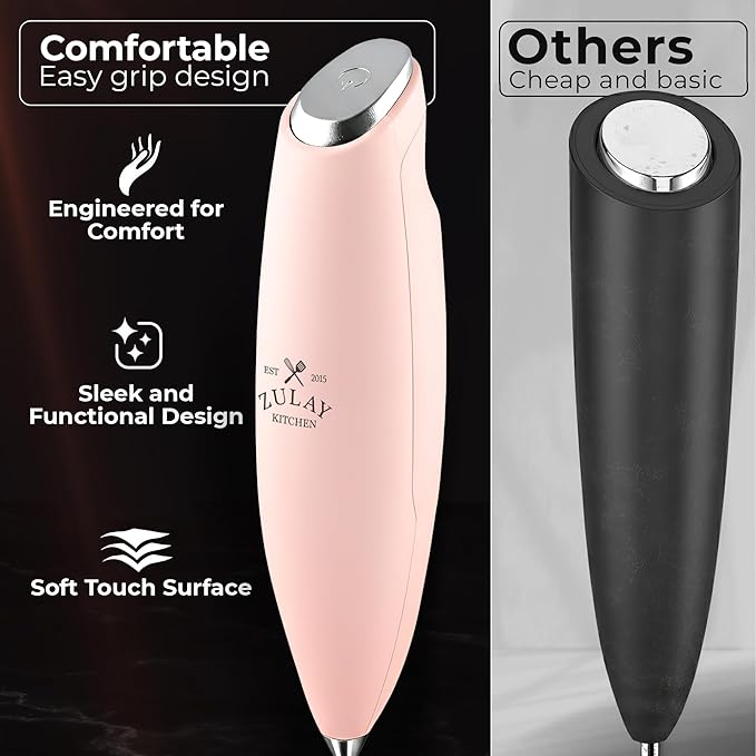Zulay Kitchen Powerful Milk Frother Wand With Duracell Batteries - Ultra Fast Handheld Drink Mixer - Electric Whisk Foam Maker for Coffee, Lattes, Cappuccino & Matcha - Triple Whisk - Peach Pink