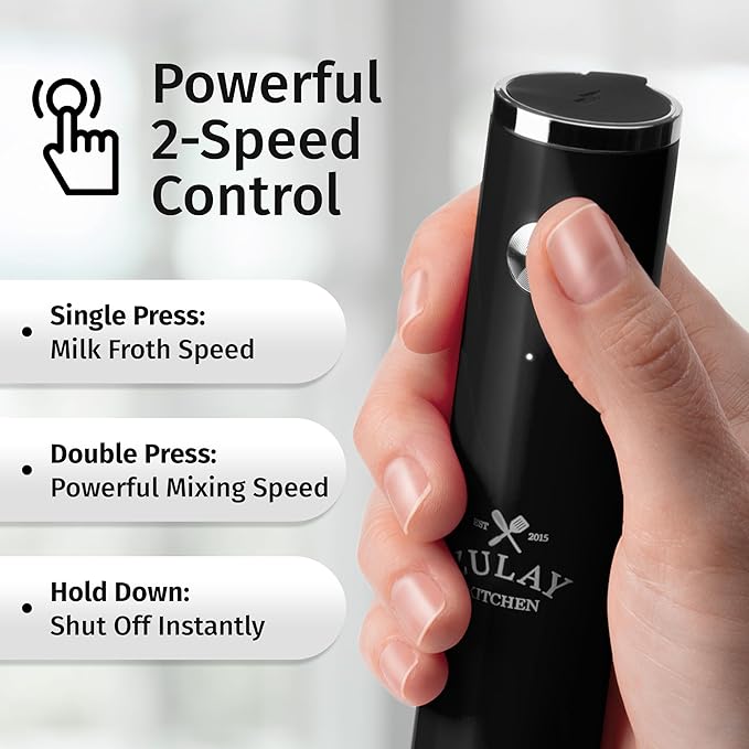 Zulay Kitchen Rechargeable Milk Frother Handheld - Frother Wand, Drink Mixer, Electric Whisk Frother, for Cappuccinos, Matcha & Protein Powder - Lux 4 Whisk 2 Speed Waterproof 2000mAh Black