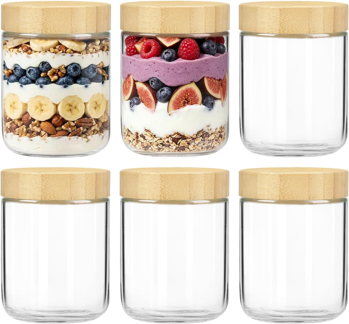 Overnight Oats Containers with Lids, 16oz Glass Jars with Bamboo Lids 6pcs