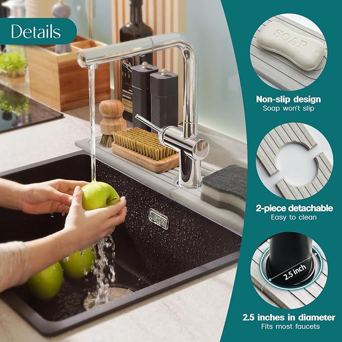 eormoe Diatomite Kitchen Faucet Mat - 14Inch Water Absorbing Stone Tray for Sink, Stone Fast-Drying Faucet Mat for Kitchen Counter Sink Accessories (Light Grey, 14'' x 3.9'')