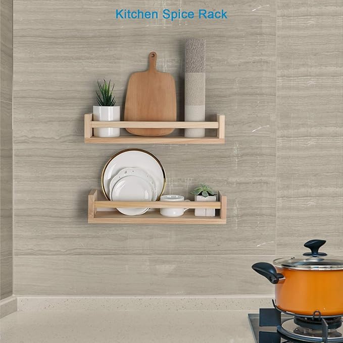 JORIKCHUO Nursery Book Shelves, Set of 2 Wood Floating Book Shelves for Kids Room, Kitchen Spice Rack, or Rustic Wall Mounted Shelves for Farmhouse Bathroom Décor (Natural Wood)