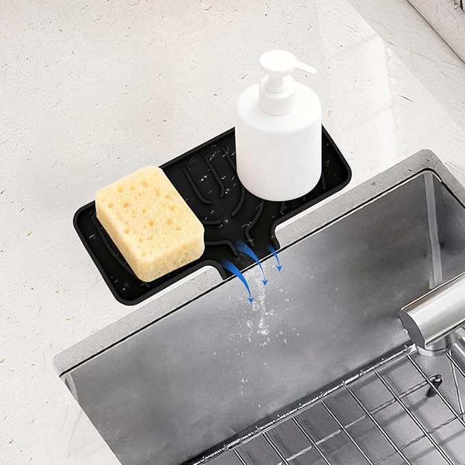 Silicone Sponge Holder for Kitchen Sink With Drain Spout, Self Draining, Kitchen Soap Tray, Bathroom Organizer, Sink Caddy (Black, 10×4)