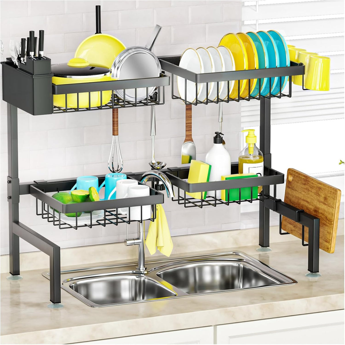 4 Baskets 2-Tier Over The Sink Dish Drying Rack, 26.57"-35"