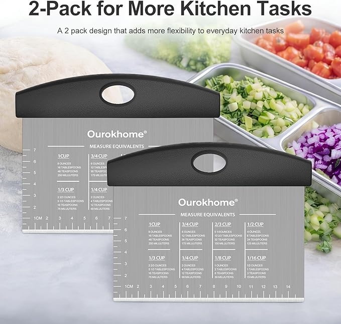 Ourokhome 2 Pack Bench Scraper Dough Cutter, Stainless Steel Dough Scraper with Laser-Etched Scale, Conversion Chart, Non-Slip Handle, Dishwasher Safe for Bread & Pastry, Black
