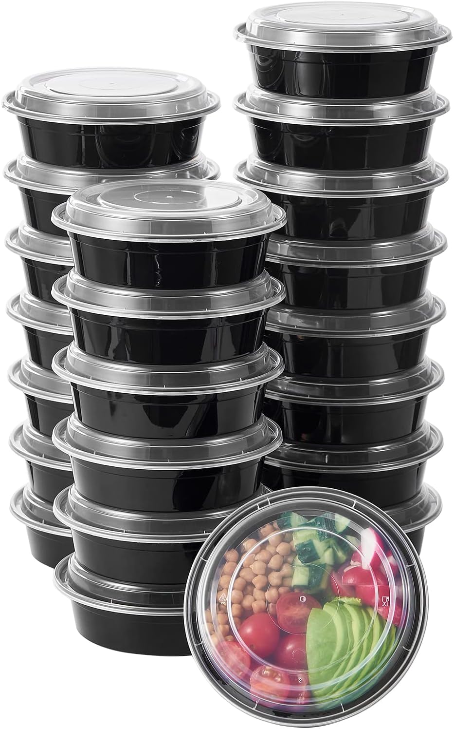 24 oz 50 ct Round Meal Prep Food Storage Containers with Lids To Go Plastic Lunch Plan Box Disposable Take Out Bowls Black BPA Free Reusable Durable Stackable Microwave Freezer Dishwasher Safe