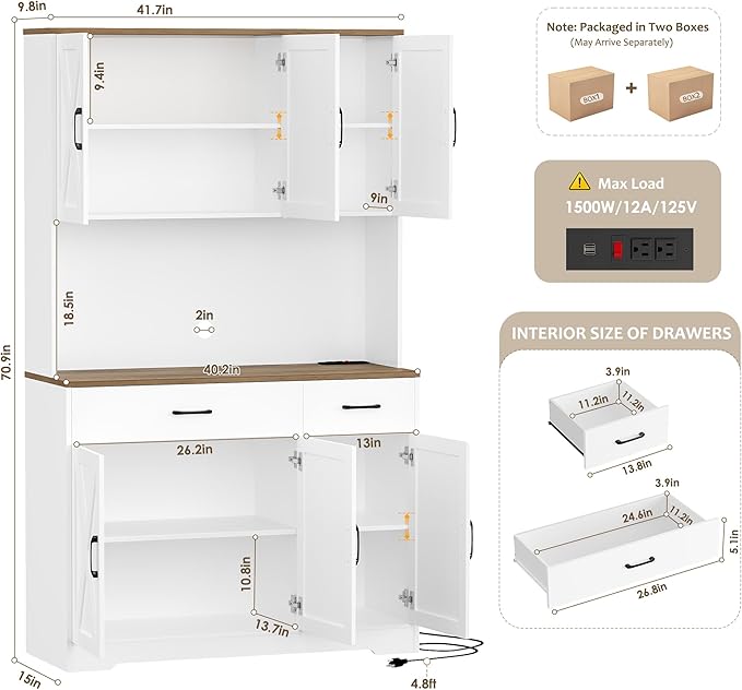 HOSTACK 71" Pantry Cabinet with Charging Station, Tall Kitchen Pantry Storage Cabinet with Microwave Stand, Farmhouse Kitchen Hutch with Storage Drawers for Living Room, Dining Room, White
