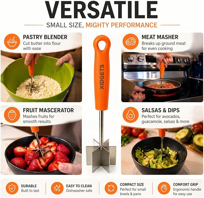 Stainless Steel Mini Meat Chopper & Masher | 6-Blade Ground Beef Chopper Tool | Small Hamburger Smasher | Compact Ergonomic Handle | Dishwasher Safe - 7" (Retro Orange Mini)