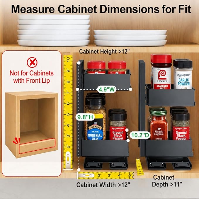 iSPECLE Pull Out Spice Rack - 2 Pack Rotate Peel and Stick No-Drill Vertical Spice Rack Organizer for Cabinet Easy Access Spices, Adjust Height for 4oz to 8oz Spice Jars Inside Kitchen Pantry Cabinet