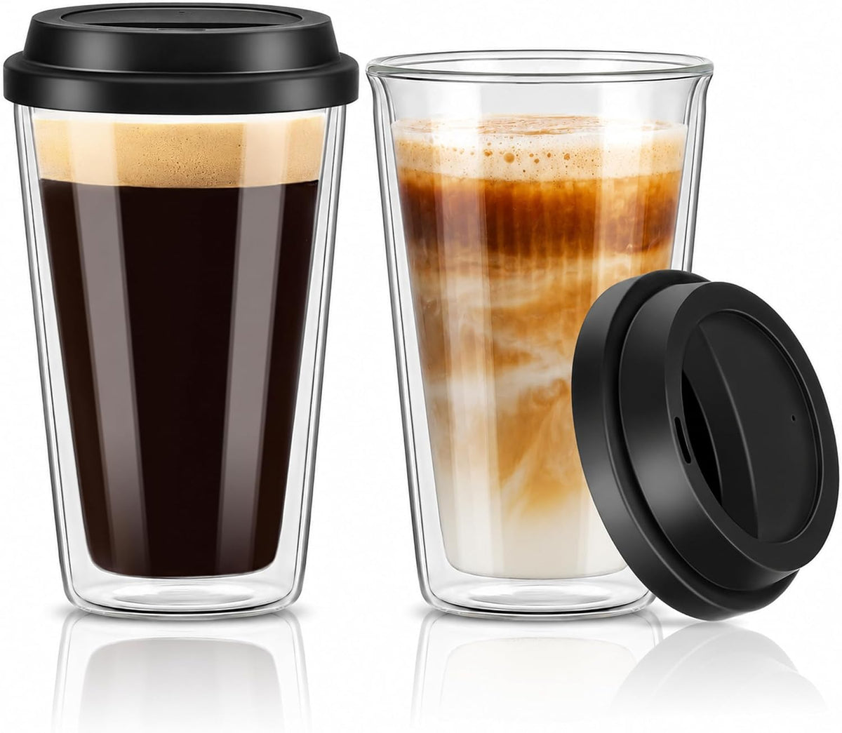 2 Packs Double Walled Glass Coffee Mugs with Silicone Lids, 12 OZ Reusable Glass Coffee Cups, Insulated Coffee Mugs, Cappuccino,Tea,Latte,Iced Coffee Cups, Glass Travel Mug, Heat Resistant