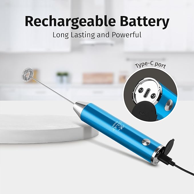Zulay Kitchen Rechargeable Milk Frother Handheld - Frother Wand, Drink Mixer, Electric Whisk Frother, for Cappuccinos, Matcha & Protein Powder - Lux 4 Whisk 2 Speed Waterproof 2000mAh Metallic Blue