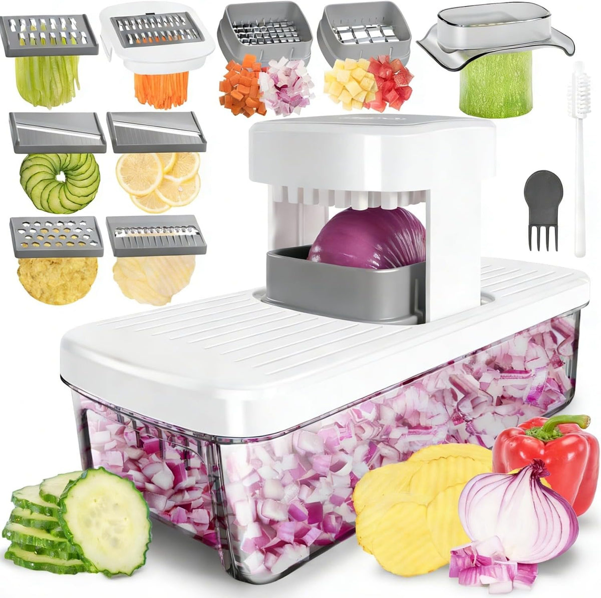 Vegetable Chopper Mandoline Slicer 8-in-1 with Container, 8 Blades for Onion, Veggie & Fruit, Easy Food Slicer Dicer Cutter, Kitchen Gadgets & Essentials