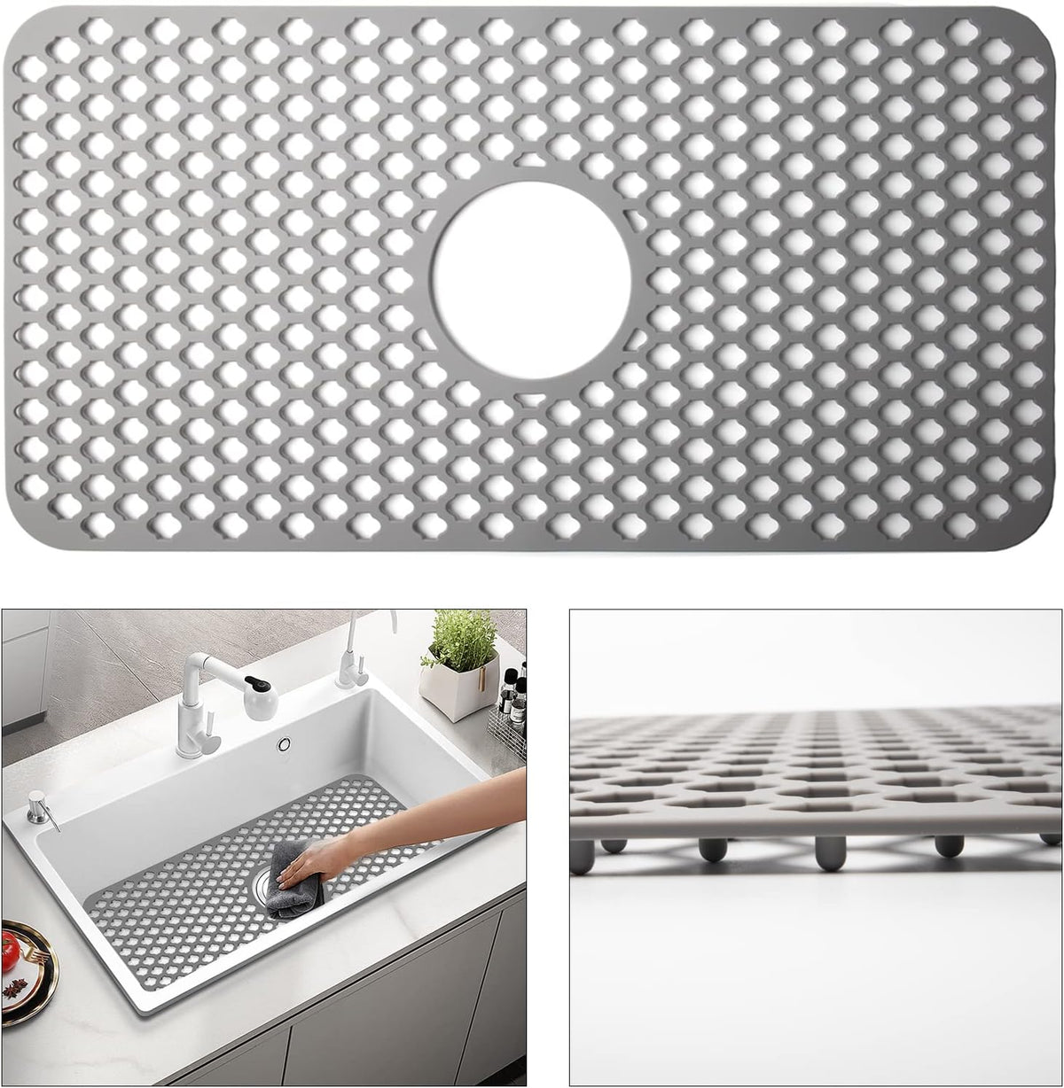 Silicone Sink Mat, 24.6''x 12.9'' Kitchen Sink Protector Grid for Bottom of Center Drain Sink, Gray Non-slip Heat Resistant Liner for Farmhouse Stainless Steel Porcelain Sink